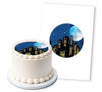 Cityscape Night Moon Sky Silhouette, 1 Icing Sheet 5" Round Cake Topper