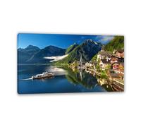 Cityscape Panoramic Painting Hallstatt mountain lake Poster Canvas Print Wall Art Gallery Wrapped Modern Home Office Decoration80x135cm(31x53in) Framed