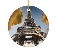 Cityscape Paris Eiffel Tower France Print Christmas Tree Ornament Xmas Ceramic Round Hanging for Festive Home Shops Decor