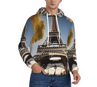 Cityscape Paris Eiffel Tower France Print Men'S Casual Hoodie Pullover, Thin Fleece Long Sleeve Loose Hooded Sweatshirt With Pocket And Comfortable Drawstring For Workout Black
