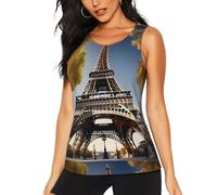 Cityscape Paris Eiffel Tower France Print Women Athletic Tank Tops Summer Workout Fitness Sessions Physical Activities Use, Black, XXL