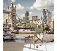 Cityscape Sky White Clouds Bridge Boat River 3D Wallpaper Silky Texture Home Study Office Grey Dining Room Sofa Bedroom Living Room TV Backdrop-430cm×300cm