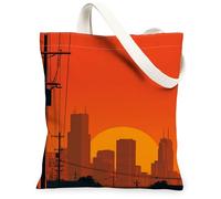 Cityscape Sunset Canvas Tote Bags, Urban Skyline Design Lightweight Washable Reusable Shopping Bags for Travel Beach Grocery, Orange, 13x15 Inch