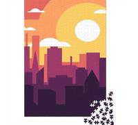 Cityscape Sunset Flat Vector Illustration 1000 Piece Jigsaw Puzzle, Downtown Architecture at Night, Thick Cardboard Pieces, Birthday Gift for Puzzle Lovers, Adult Puzzle, 38x26cm/1000pcs