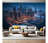 Cityscape Wall Mural Dubai Marina Night View Photo Poster Mural Wallpaper Non-Woven Premium Art Print Living Room Bedroom Nursery TV Background Home Decor 300 x 210cm