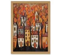 Cityscape With Trees In Autumn Contemporary Folk Art Painting Artwork Framed Wall Art Print A4 Artery8 Light Oak One Size