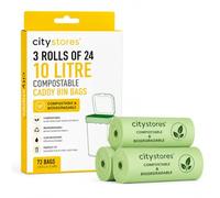 Citystores® 72 Compostable Caddy Bin Bags 10 Litre - 3 Rolls x 24 Food Waste Bags, Biodegradable Kitchen Compost Bin Liners, Leak Resistant, Plant Based Waste Bags for Home & Garden