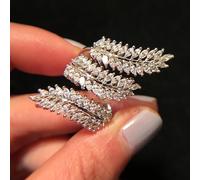 CIUFEWEK S925 Sterling Silver Fashion Exaggerated Index Finger Cocktail Ring Full Diamond Creative Opening Wheat Ears Leaves Shiny Cubic Zirconia Personalized Shiny Tail Ring