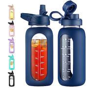 CIVAGO 32 oz Glass Water Bottle with Straw and Handle, Large Sports Motivational Water Bottle Flask with Time Marker and 2 Lids, Leakproof Water Jug Canteen with Silicone Sleeve for Gym,Navy
