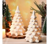 Civaner 2 Ceramic Christmas Trees Desktop White Ceramic Polka Dot Hollow Christmas Tree Decoration White Tree Can Light up Desktop Christmas Tree Statue, Modern Christmas Decor, Gifts(7.8 Inches)