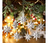 Civaner 24 Pcs Christmas Decoration Bethlehem Star Ornament for Christmas Tree 8 Point Silver Glitter Star Ornaments 3D Hollow Silver Glitter Stars Hanging Pendant for Decoration Xmas Party