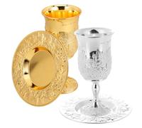 CIYODO 2 Sets Vintage Metal Kiddush Goblets with Tray for Shabbat Pesach Seder Bar Mitzvah Wedding Embossed Judaica Holiday Wine Cups with Handcrafted Patterns Stemmed Chalices for