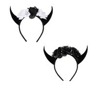 CIYODO 2Pcs Halloween Skull and Horn Headband Fabric Devil Horn Hair Accessories with Flower Decorations Fits Adults and Teens Comfortable Party Headdress for Halloween and Horror Night