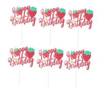 CIYODO 6pcs Strawberry Birthday Cake Picks with Glitter Flower Topper Reusable Shower First Birthday Party Supplies Elegant Sparkly Berry Cupcake Decor for Summer Fruit Theme Celebrations