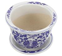 CIYODO Blue and White Porcelain Plant Pot with Tray, Ceramic Succulent Nursery Planter for Indoor Gardening, 17cm Outer Diameter with Lotus Pattern, Decorative Flower Container for Home