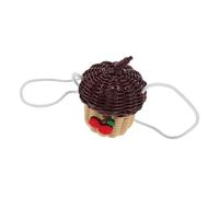 CIYODO Imitation Rattan Acorn Shaped Crossbody Basket Bag for Handwoven Storage Chocolate Color with Cherry Patch Versatile Miniature Hanging Basket for Home Decor and Playtime Adventures