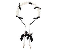 CIYODO Pearl Headpiece with Velvet Bow and Sweet Tassel Comfortable Black Hair Hoop for Wedding Party Daily Wear Elegant Hair Accessories Gift for Women