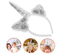 CIYODO Silver Gray Unicorn Headband with Fabric Flowers Lightweight Comfortable Party Headpiece for Birthday Christmas Costume Accessories