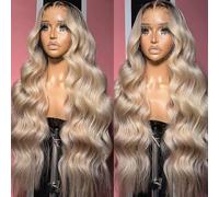 CIYOO 33 x 15 cm Ombre Ash Blonde Lace Front Wig Human Hair 200% Density Ash Blonde Wavy Lace Frontal Wig for Black Women Milk Tea Blonde Human Hair Wig Pre Plucked with Baby Hair