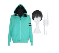 Ciyoulio Kaneki Ken Cosplay Costume Green Hoodie with Wig and Eye Mask Set Anime Cosplay Sweatshirt Fancy Dress Up for Halloween Carnival Party