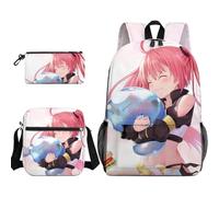 Ciyoulio Rimuru Anime Backpack 3-Piece Set Milim/Shion Anime Printed Shoulder Bags with Crossbody Bag Pencil Case Student Schoolbag Satchel Pen Bag for Teens Girls Boys