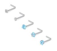 Cizme 5pcs Nose Stud Screw Silver L Shaped Curved Nose Bar 20G 7mm Stainless Steel with Heart Flower Star Blue CZ Piercing Jewellery