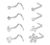 Cizme 8pcs Nose Stud Screw Silver L Shaped Curved Nose Bar 22G 7mm Stainless Steel 22G with Heart Flower CZ Piercing Jewellery