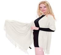 CJ Apparel Ivory Off White Cream Solid Colour Tassels Design Nepalese Shawl Scarf Wrap Stole Throw Head Wrap Pashmina Hand Made in Nepal NEW
