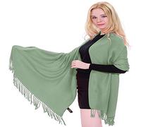CJ Apparel Sage Green Laurel/Light/Pale Green Solid Colour Tassels Design Shawl Scarf Wrap Stole Throw Pashmina Hand Made in Nepal