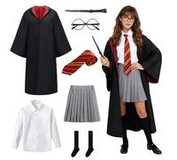 CJBIN Wizard Robe Cosplay Costume Set, 7 Pcs Wizard Costume with Magic Hooded Cloak Wand Tie Socks Skirt Glasses Frame, Halloween Magician Costume Cosplay World Book Day Carnival Party