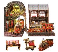 Cjeuxnr DIY Book Nook Kit, 3D Puzzle Miniature Train Station Bookshelf Insert, Christmas Theme Dollhouse, Adult Craft Project