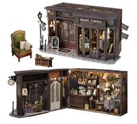 Cjeuxnr Miniature Vintage Magic Coffee Shop Dollhouse kit, DIY Wooden Crafts Creative Room with Furniture and Dust Cover Handmade Set, Idea Gift for Adult Friend Lover