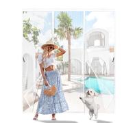 CJFBDY Magnetic Fly Screen Door, White Stripe Polyester Mesh Curtain with Full Frame Hook&Loop, Heavy Duty Anti Mosquito Bug Net, Auto Close, Pet & Kid Friendly for Patio French Door, 220x210cm