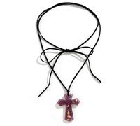 CJIAYUJEW Black Chenille Rope Cross Necklace Silver Geometric Bead Cross Pendant Necklace Dainty Cross Charm Link Chain Choker Delicate Faith Jewelry for Women Men, adjustable, Alloy Steel, No