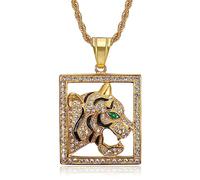 CJiePeiC 18K Gold Plated Roaring Tiger Head Pendant Punk Rock Stainless Steel Necklace, 24 Inch Chain for Men Women Hip Hop Jewelry-I'm the King, Stainless Steel, Cubic Zirconia