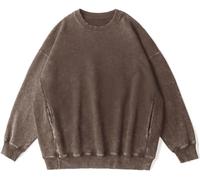 CJINSON Mens Vintage Acid Wash Sweatshirt Oversized Cotton Baggy Long Sleeve Crewneck Pullover Casual Street Wear Top (3XL,Coffee)