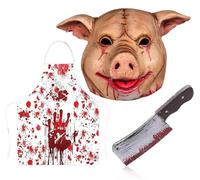 CJKDXDH Halloween Scary Crying Bloody Pig Butchers Set Cleaver Bloody Apron Realistic Animal Pigs Latex Mask Costume Cosplay Props