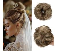 CJL Hair 2PCs Small Cute Messy Bun Hair Piece for Thin Hair Women Mini Synthetic Curly Bun Scrunchies Updo Hairpieces Brunette/Ash Blonde