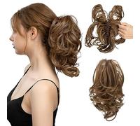 CJL HAIR Claw Clip Short Ponytail Hair Extensions DIY Bendable Metals Messy Bun Hair Piece for Wonen Wavy Curly Synthetic Fake Hairpieces Dark Brown/Golden Blonde