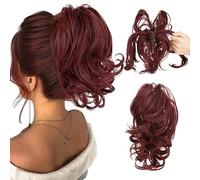 CJL HAIR Claw Clip Short Ponytail Hair Extensions DIY Bendable Metals Messy Bun Hair Piece for Wonen Wavy Curly Synthetic Fake Hairpieces Wine Red
