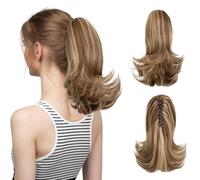 CJL HAIR Short Claw Clip Ponytail Hair Extension Drawstring Synthetic Fake Hairpiece for Women 12" Straight Ponytail with End Curls Ash Medium Brown/Ash Blonde
