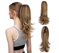 CJL HAIR Short Claw Clip Ponytail Hair Extension Drawstring Synthetic Fake Hairpiece for Women 14" Straight Ponytail with End Curls Ash Medium Brown/Ash Blonde