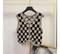 CJMDEH Checkerboard Hollow Women Sweater Vest V-Neck Knitted Sleeveless Pullover Waistcoat -Fashion Vintage Retro Stylish Autumn Winter Tank Top Classic British Style College Style,Black,M