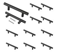 Cjueiom 12 Pack Matt Black Cupboard Handles 64mm Hole Center T Bar Handles, Stainless Steel Drawer Long Wardrobe Door Pulls, 100mm Length for Bedroom Drawer