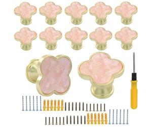 Cjueiom 12 Pcs Four-Leaf Clover Knobs, Creative Door Knobs, Elegant Cabinet Handles for Wardrobe, Dresser & Bathroom, Durable Zinc Alloy, Easy Installation, Single Hole Design (Pink)