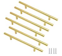 Cjueiom 6 Pack Gold Cupboard Handles 128mm Hole Center T Bar Handles, Stainless Steel Drawer Handles Long Wardrobe Door Handles Pulls, 200mm Length Kitchen Cabinet Handles for Bedroom Drawer
