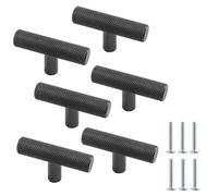 Cjueiom Matt Black 50mm T Bar Cupboard Knobs, 6 Pack | Knurled with Diamond Pattern, Drawer Pull Handles, For Wardrobe Door Kitchen Cabinet Bedroom Drawer Closet