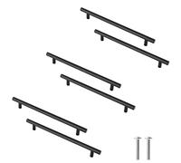 Cjueiom Matt Black Cupboard Handles - 128mm Hole Center T Bar Knobs, 6Pack Stainless Steel Drawer Pulls - Long Wardrobe & Kitchen Cabinet Handles, 200mm Length for Bedroom & Drawer