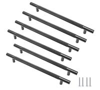 Cjueiom Matt Black Cupboard Handles - 6 Pack, 192mm Hole Center, T Bar & Knurled Drawer Handles with Diamond Pattern, Long Wardrobe Door Pulls for Kitchen & Bedroom Cabinet & Drawer