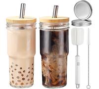 CJWLKJ 2-Pack 24oz Glass Cups Tumbler with Lids and Straws & 2 Airtight Lids, Reusable Boba Bubble Tea Cups, Mason Jar Drinking Glasses Iced Coffee Cup for Long Drinks, Water, Cocktail, Whiskey, Gift